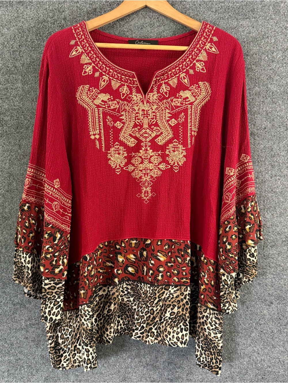 Calessa Womens 2X Red Embroidered Leopard Print Tiered Bell Sleeve Boho Top